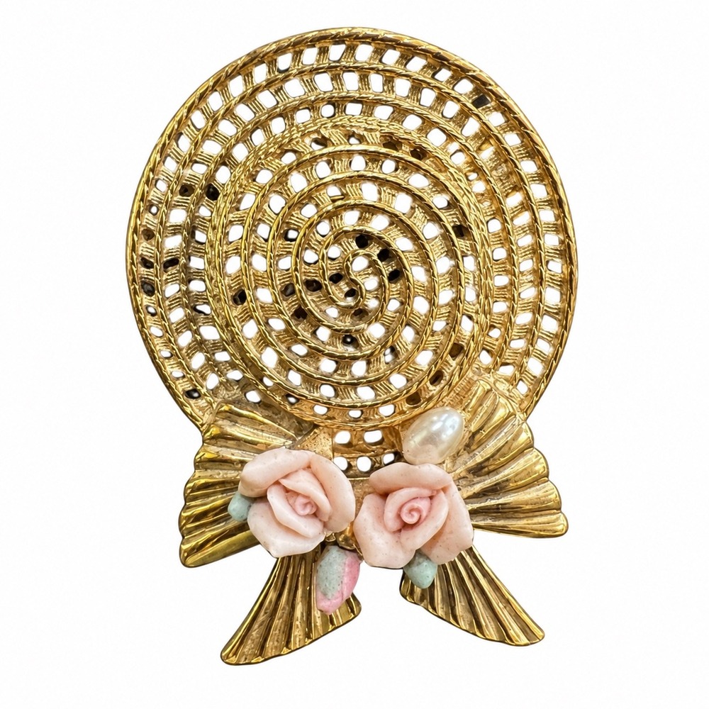 1928 Brooch Vtg Pink Porcelain Rose Sun Hat Gold Tone Bow Faux Pearl Pin